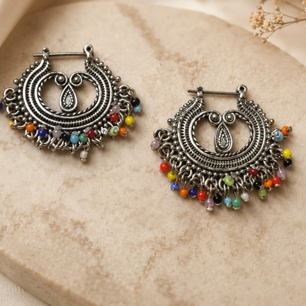 Vintage Boho Silver Colorful Beaded Tribal Statement Earrings Festival Y2K